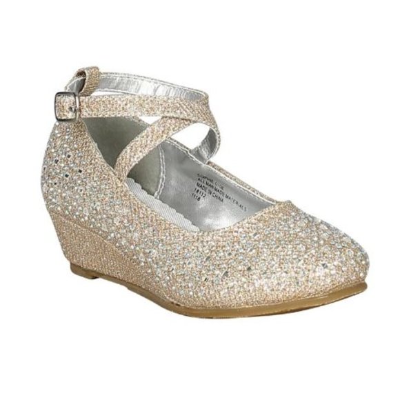 Toddler /Little/ Big Glitter Rhinestone Crisscross Kitten Wedge Heel Pump -RGold - Picture 1 of 5